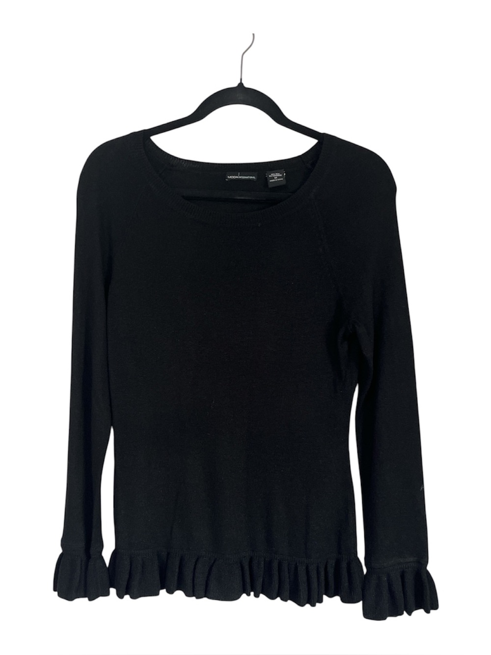 Moda International Black Long Sleeve Top with Ruffle Hem
